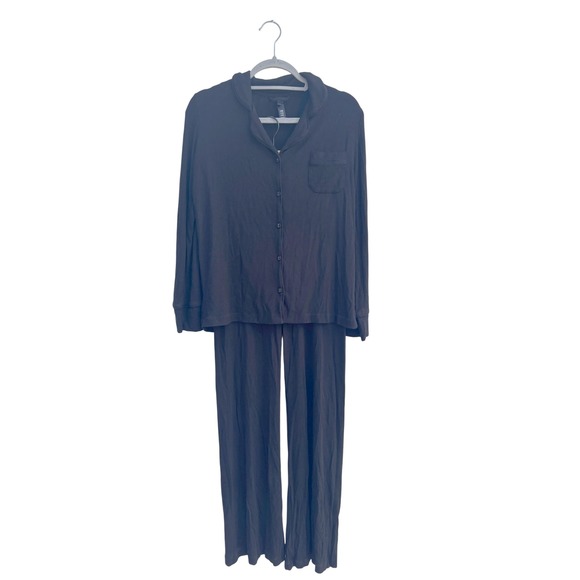 SKIMS Soft Lounge Set Black Ribbed Knit Button Down Pajama Set Loungewear XS - Picture 1 of 8
